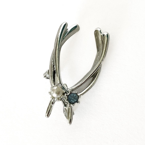 VTG Double Wishbone Brooch w/faux pearl and aquamarine - Picture 2 of 4